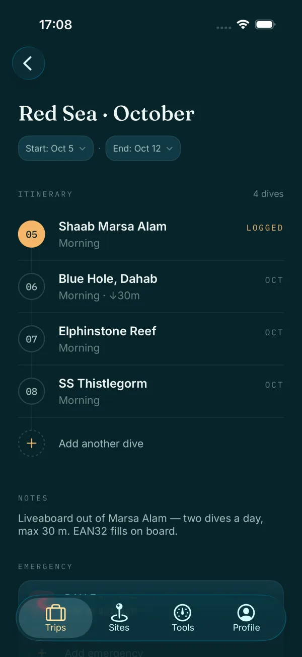 Diving Buddy trip detail screen showing a Red Sea liveaboard with four planned dives.